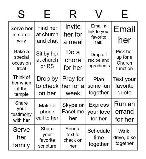 "Serving Your Sisters"  BINGO Card
