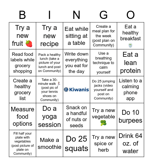 Kiwanis  Wellness Bingo Card