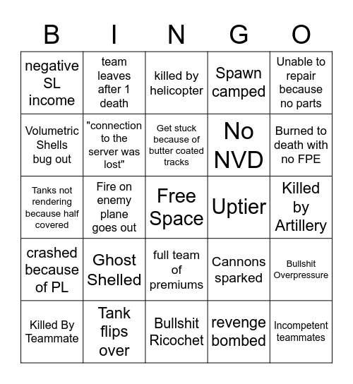 War Thunder Bingo Card