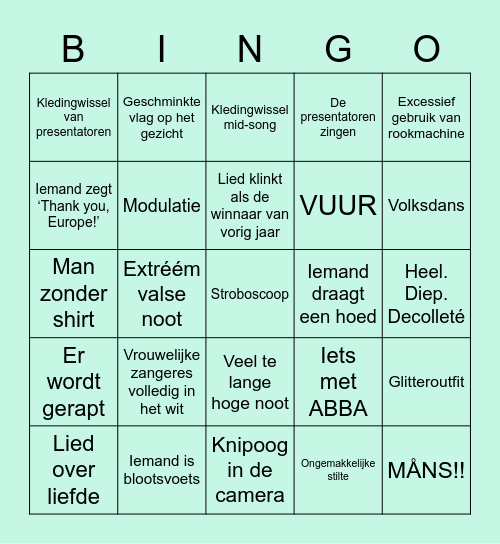 Eurovisie songfestival bingooooo Bingo Card