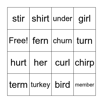 er, ir, and ur Bingo Card