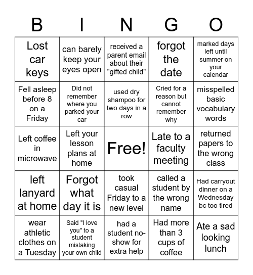 Teacher Bingo Card