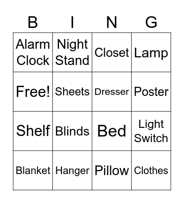 Everyday English Bedroom Vocabulary Bingo Card