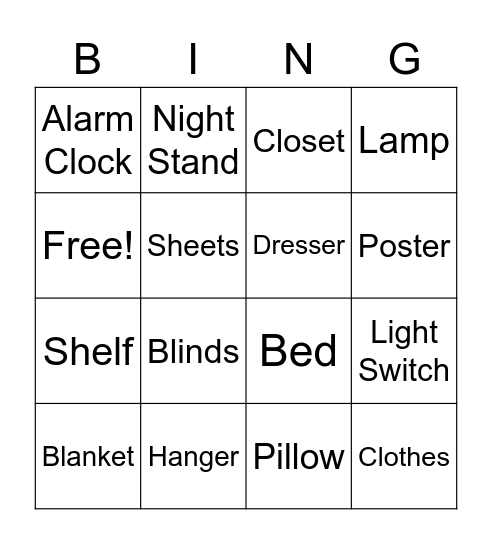 Everyday English Bedroom Vocabulary Bingo Card