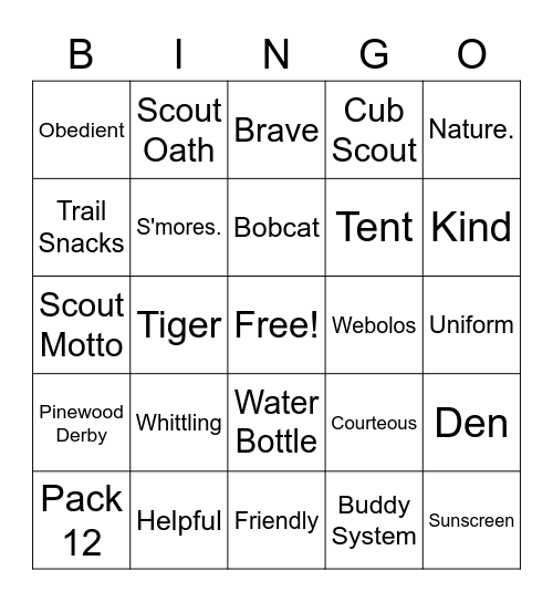 Cub Scouts! Bingo Card