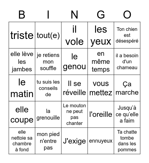 Vocab des chapitres 4 - 5/les parties du corps Bingo Card