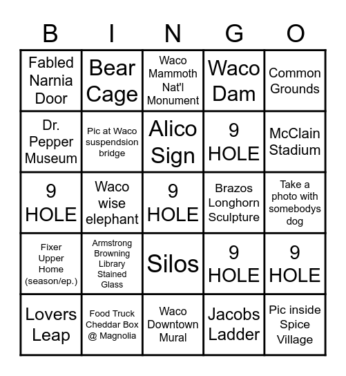 Waco Scavenger Hunt Bingo Card