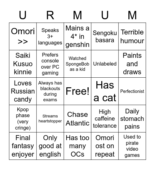 Darja Bingo mf Bingo Card