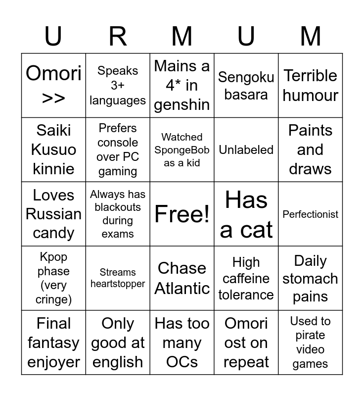 Darja Bingo mf Bingo Card