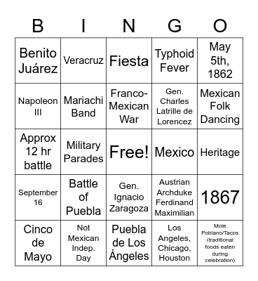 Ref: History.com Cinco de Mayo Bingo Card