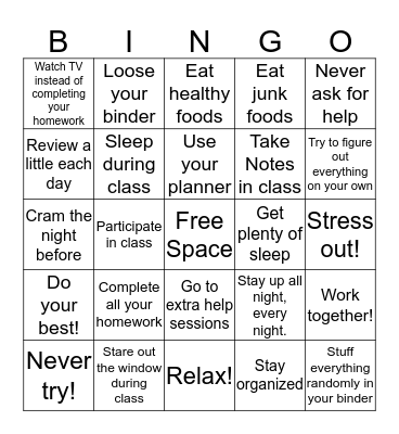 Good vs. Bad Study Skills Bingo Card