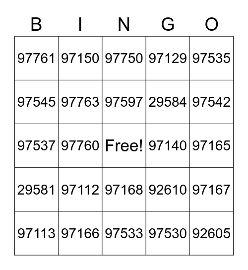 CPT Code Bingo Card