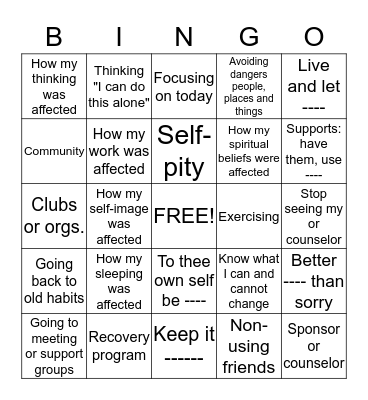 RECOVERY BINGO Card