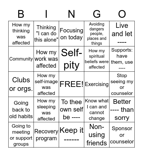 RECOVERY BINGO Card