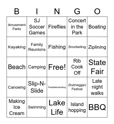 Summer Fun Bingo Card