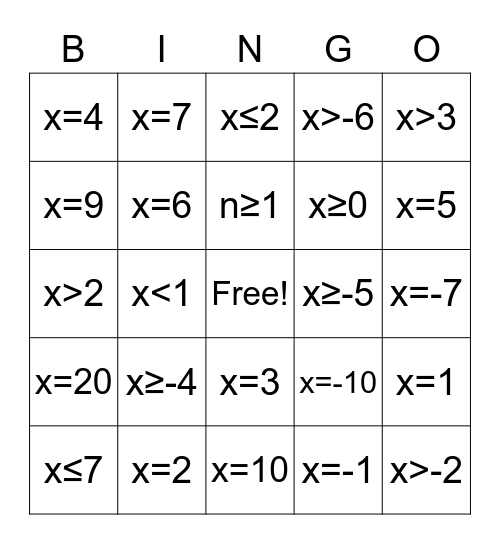 Solving Equations and Inequalities Bingo Card