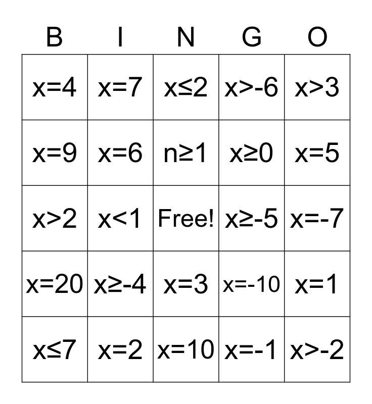 Solving Equations and Inequalities Bingo Card