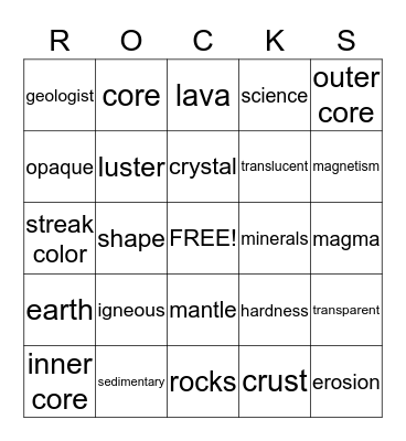 Rocks and Minerals BINGO Card
