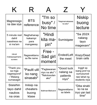 Krazy V Bingo Card