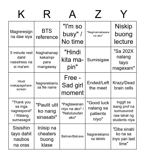 Krazy V Bingo Card