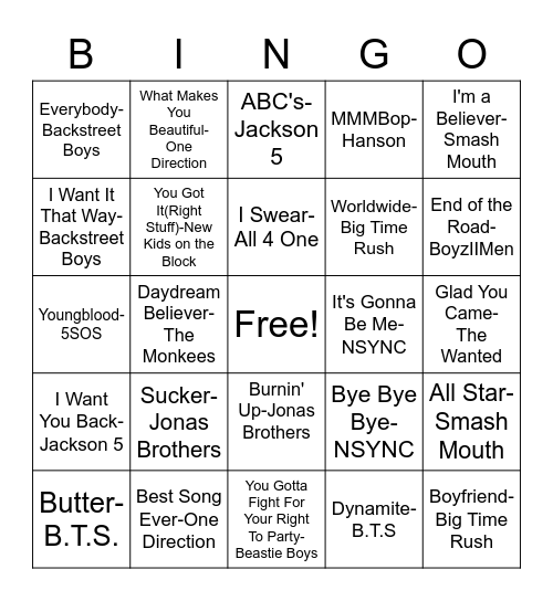 Boy Band Bingo Card