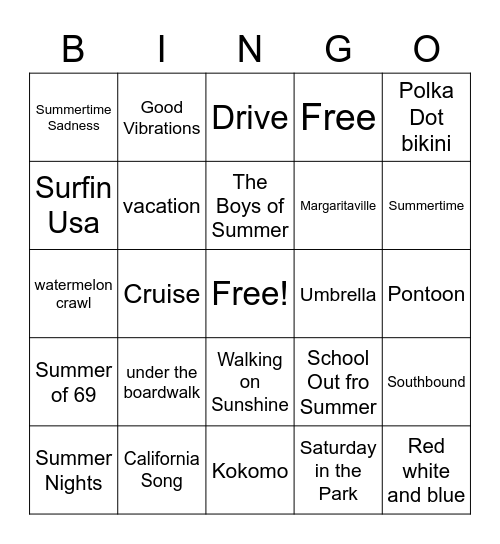 Summer Songs Bingo Card