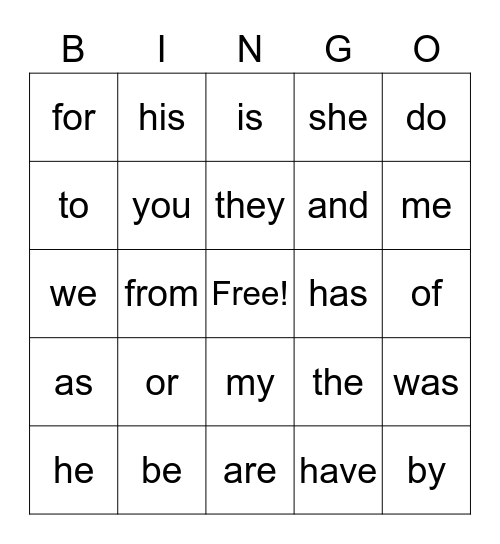 Heart and Flash Words 1 Bingo Card