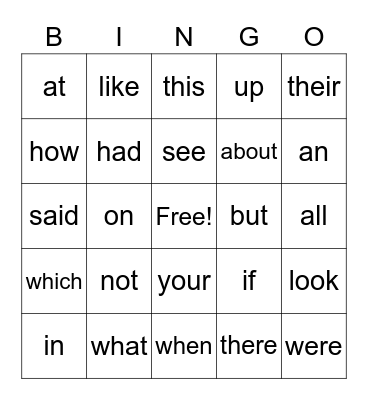 Heart and Flash Words 1 Bingo Card