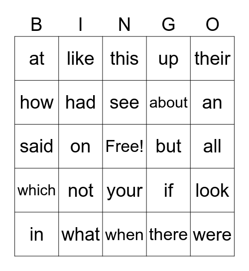 Heart and Flash Words 1 Bingo Card