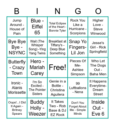 Stellarware's 80s-2000s Music Bingo Card