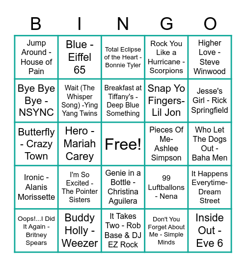 Stellarware's 80s-2000s Music Bingo Card