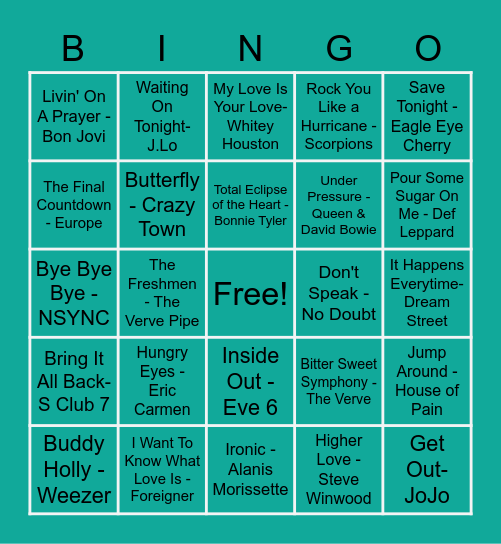 Stellarware 80s-2000s Music Bingo Card