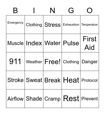Heat Illness Bingo Card