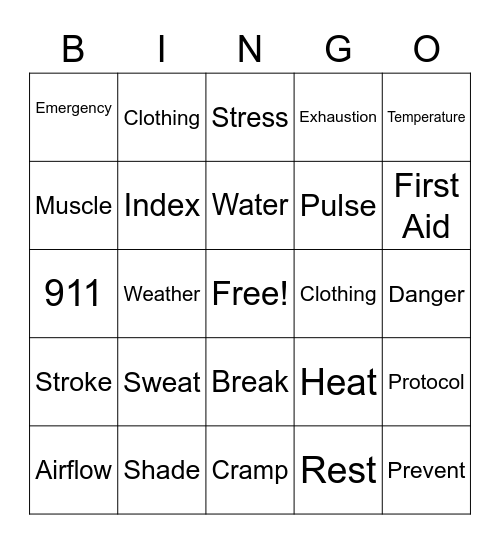 Heat Illness Bingo Card