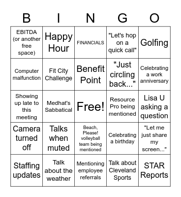 May 2022 Middle Market Meeting Bingo Card