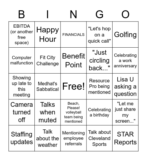 May 2022 Middle Market Meeting Bingo Card