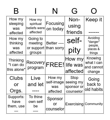 RECOVERY BINGO Card