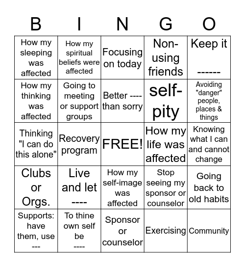 RECOVERY BINGO Card