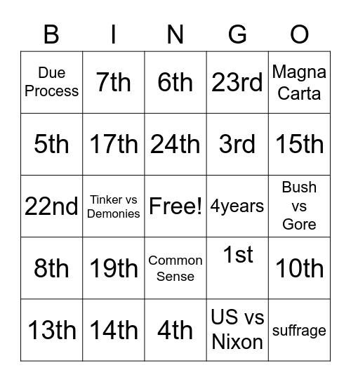 Amendments Bingo Card