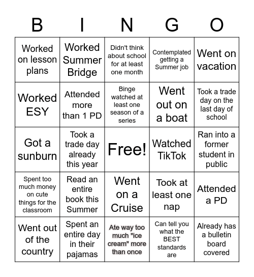 Back To School BINGO Card