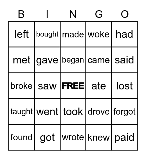 IRREGULAR PAST TENSE VERBS Bingo Card