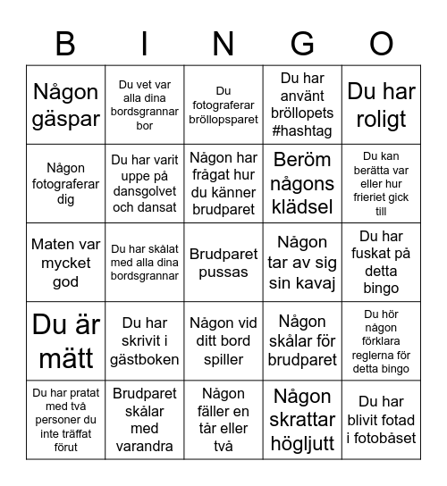 Bröllopsbingo! Bingo Card