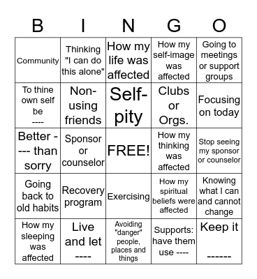 RECOVERY BINGO Card
