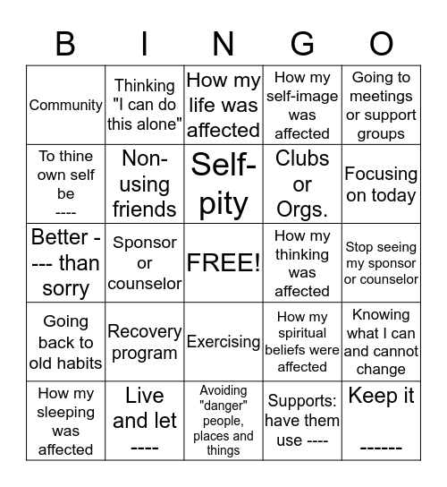 RECOVERY BINGO Card