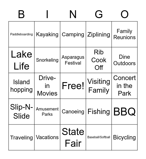 Summer Fun Bingo Card