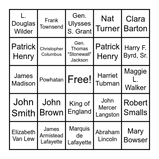 Va. Studies Name the Person Bingo Card