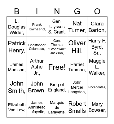 Virginia Studies People Bingo Card