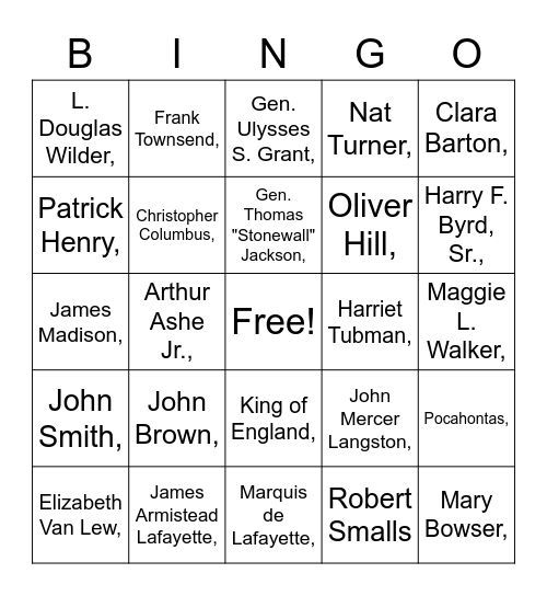 Virginia Studies People Bingo Card