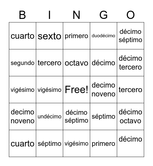 Ordinal Numbers and Present continuous Bingo Card