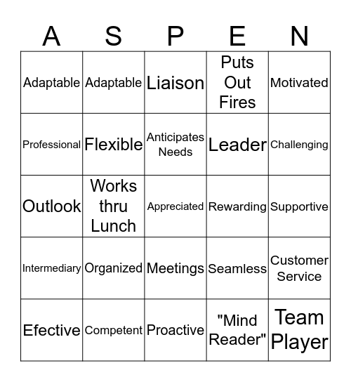 Administrative Assistants' Bingo Card